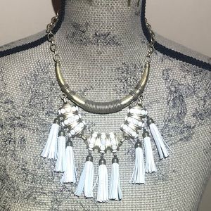 Goldtone & White Leather Tassel Choker Necklace
